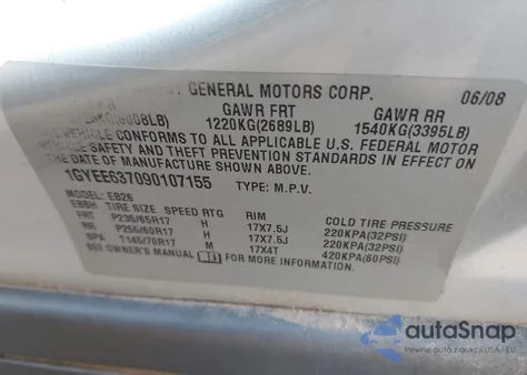 2009 Cadillac Srx V6 z USA, uszkodzony, nr VIN 1GYEE637090107155